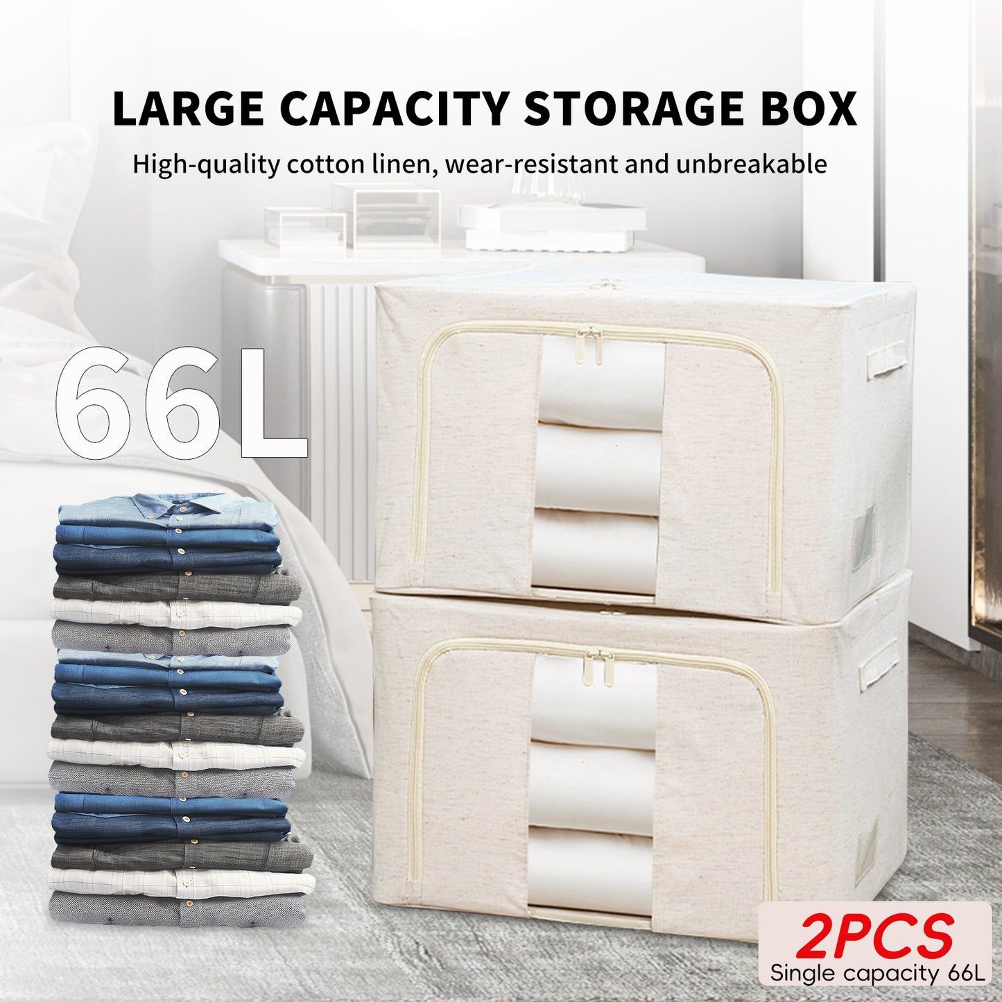 2PCS Foldable Oxford Cloth Storage Boxes Large Capacity With Clear Window & Sturdy Zippered Lids Multi-Size Stackable Organizer Bins For Clothes And Quilts Space-Saving, Easy Access Design Ide