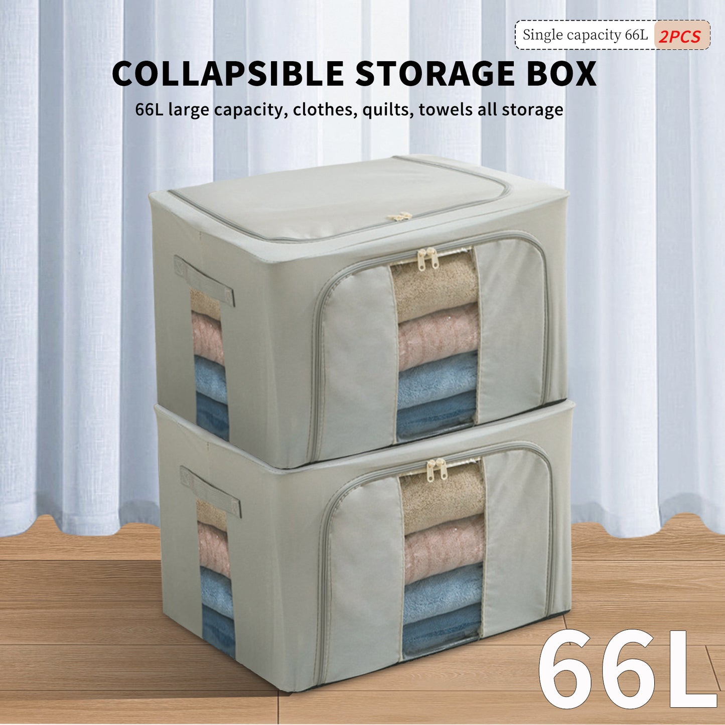 2PCS Foldable Oxford Cloth Storage Boxes  Large Capacity With Clear Window & Sturdy Zippered Lids  Multi-Size Stackable Organizer Bins For Clothes And Quilts  Space-Saving, Easy Access Design  Ide