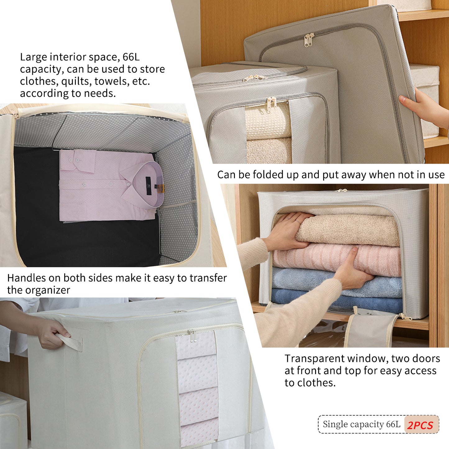 2PCS Foldable Oxford Cloth Storage Boxes  Large Capacity With Clear Window & Sturdy Zippered Lids  Multi-Size Stackable Organizer Bins For Clothes And Quilts  Space-Saving, Easy Access Design  Ide